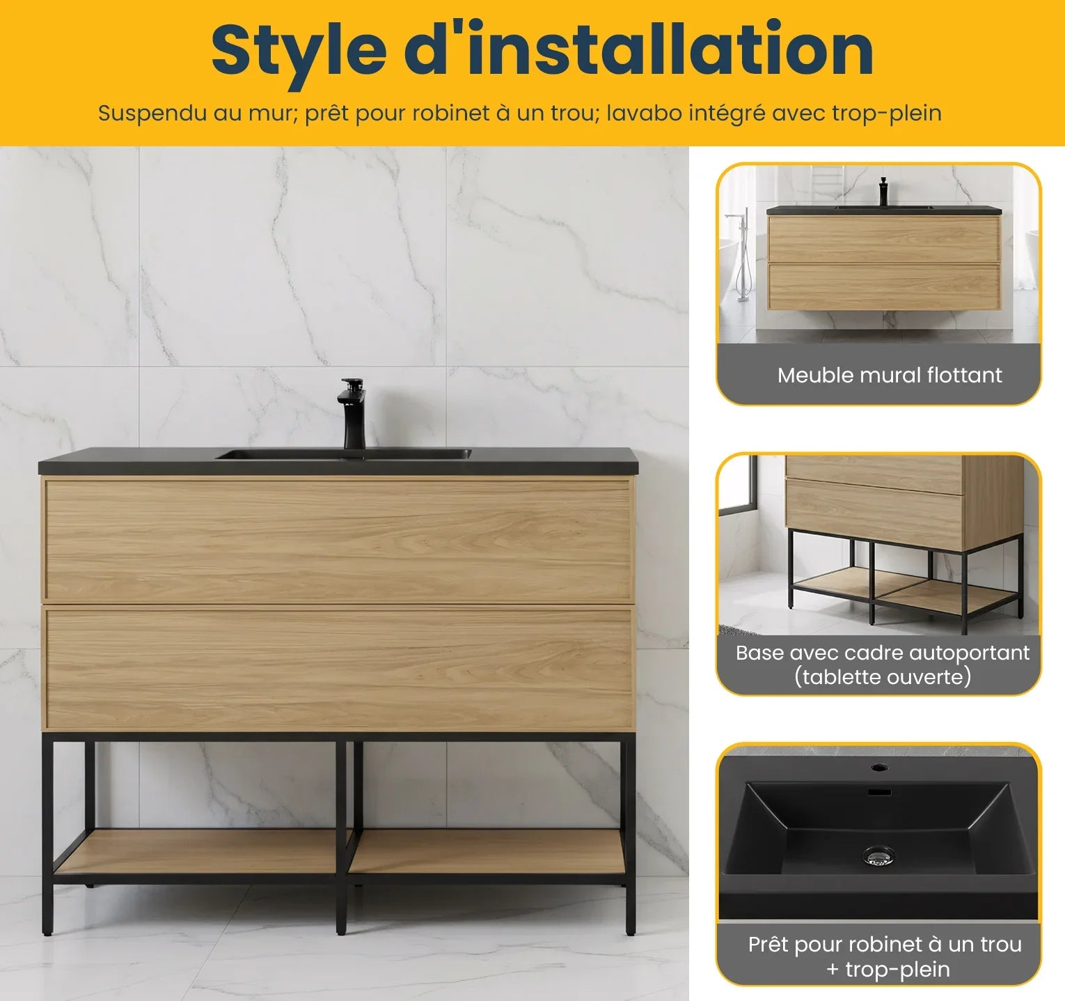 48" Sunset Walnut Wall Mount Bathroom Vanity with Black Engineered Quartz Countertop