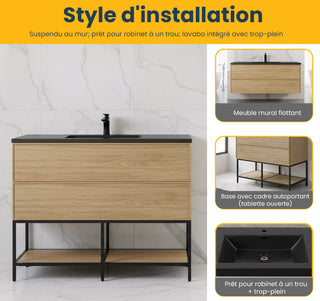 Meuble-Lavabo Mural 48po Noyer Couchant avec Comptoir de Quartz d'ingénierie Noir