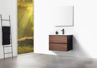 30" Walnut Wall Mount Bathroom Vanity with White Solid surface Countertop - Golden Elite Deco