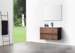 36" Walnut Wall Mount Bathroom Vanity with White Glossy Solid surface Countertop - Golden Elite Deco