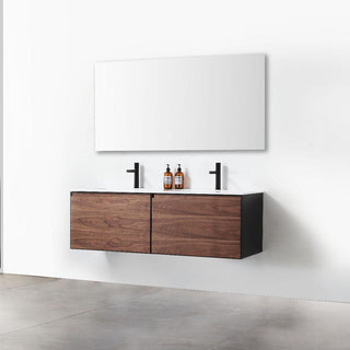 60" Walnut Wall Mount Double Sink Bathroom Vanity with Glossy White Solid Surface Countertop - Golden Elite Deco