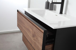 36" Walnut Wall Mount Bathroom Vanity with White Solid surface Countertop - Golden Elite Deco