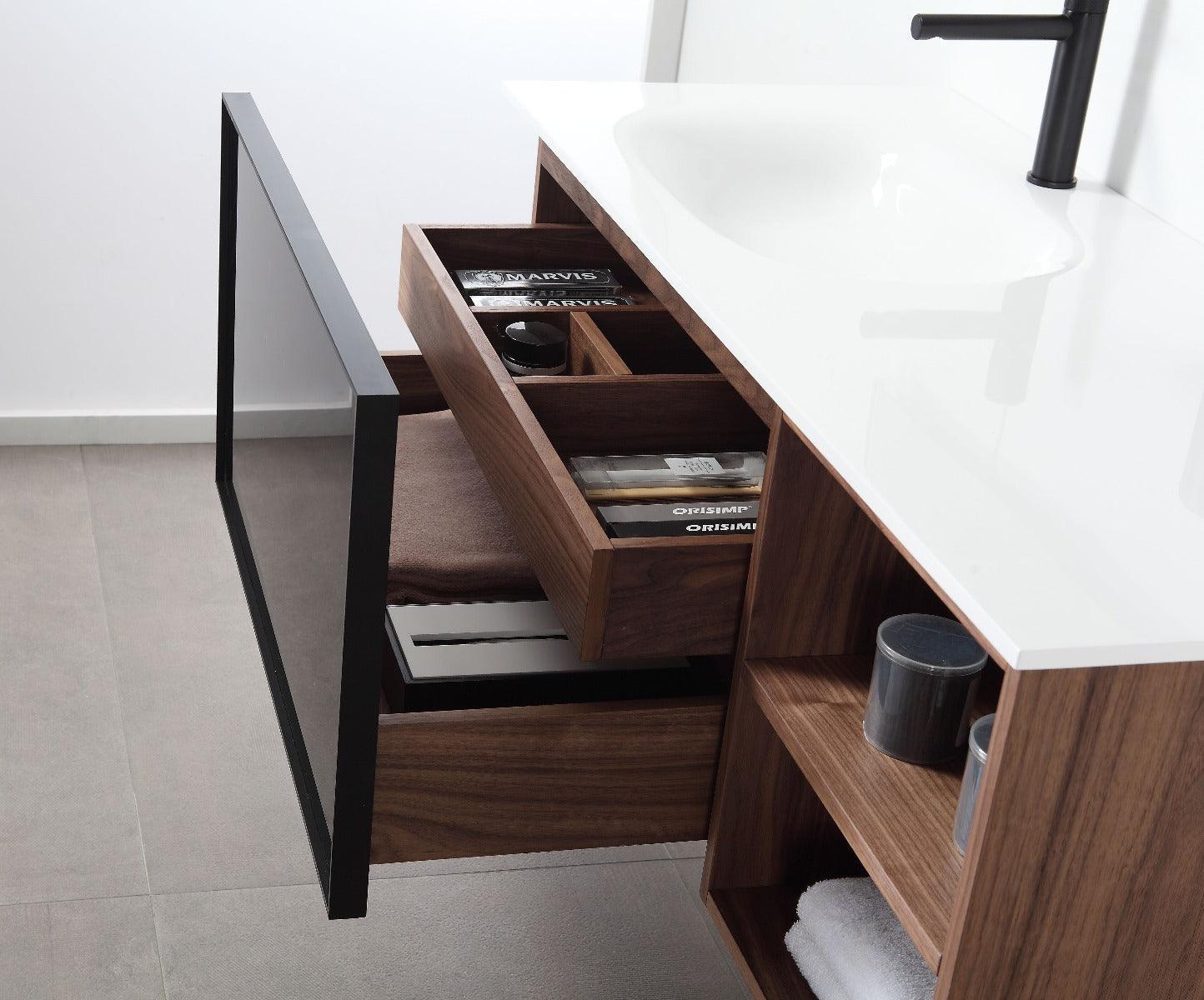 48" Walnut Wall Mount Single Sink Bathroom Vanity with White Solid surface Countertop - Golden Elite Deco