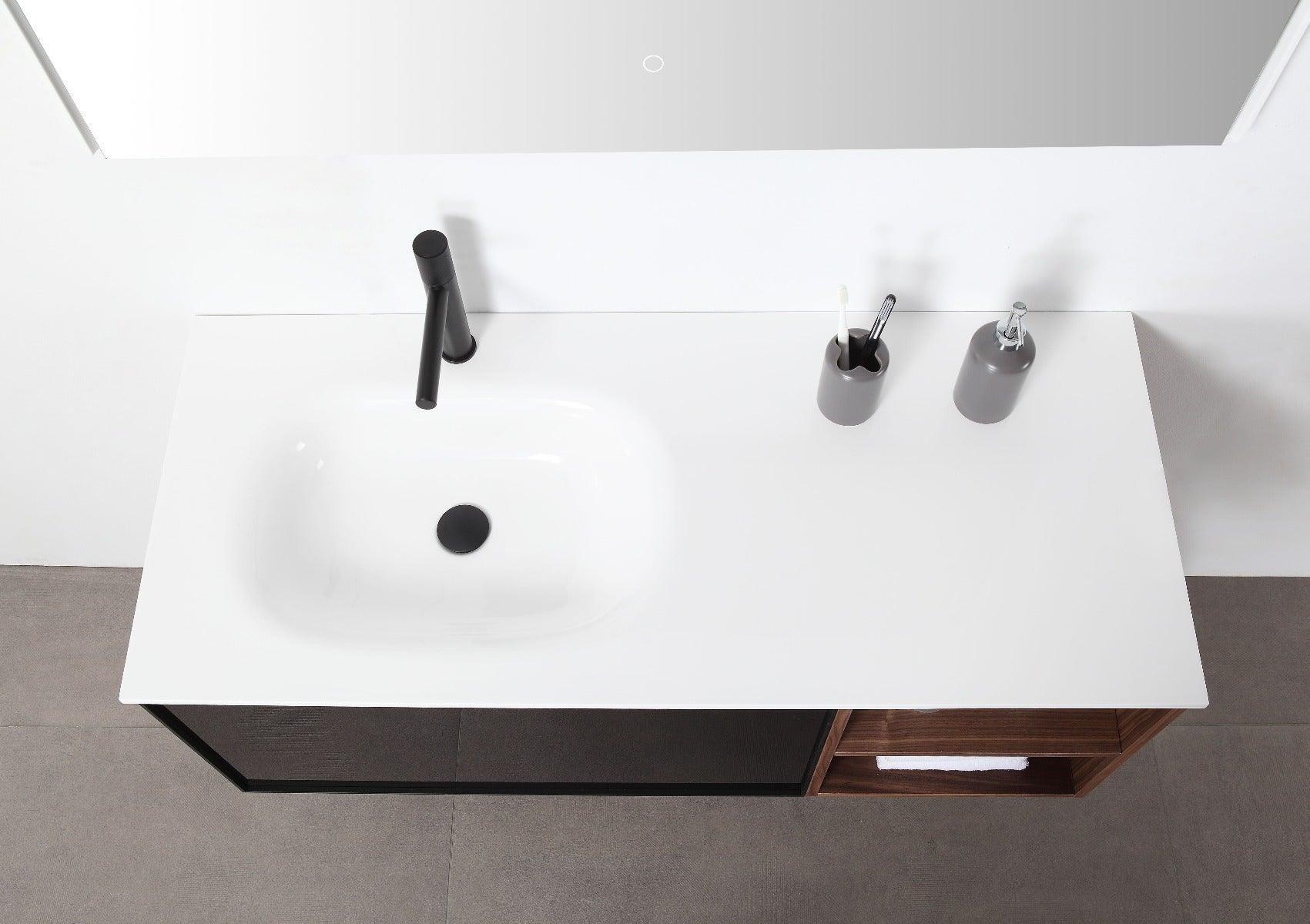 48" Walnut Wall Mount Single Sink Bathroom Vanity with White Solid surface Countertop - Golden Elite Deco