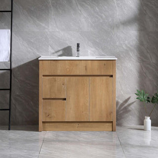 36" Frosted Oak Freestanding Bathroom Vanity with White Ceramic Countertop - Golden Elite Deco