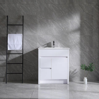 30" Glossy White Freestanding Bathroom Vanity with White Ceramic Countertop - Golden Elite Deco