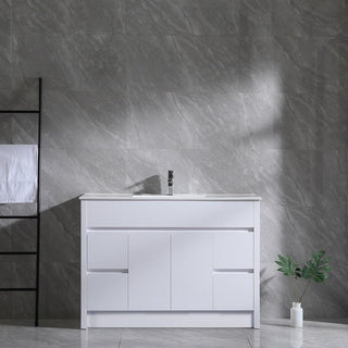 48" Matte White Freestanding Single Sink Bathroom Vanity with White Ceramic Countertop - Golden Elite Deco