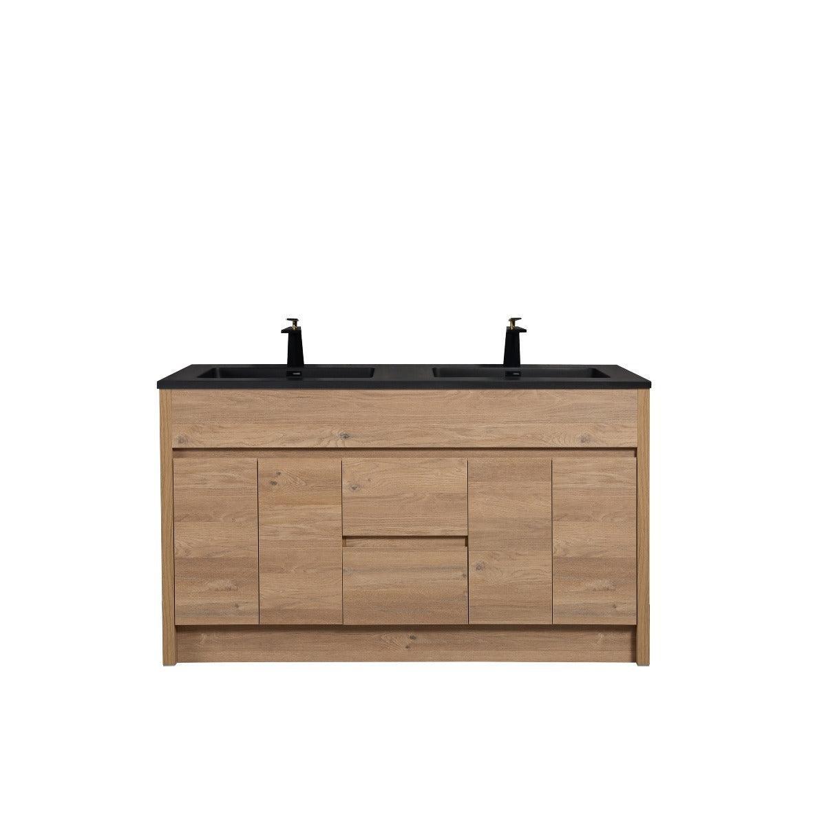 60" Rough Oak Freestanding Double Sink Bathroom Vanity with Black Engineered Quartz Countertop - Golden Elite Deco