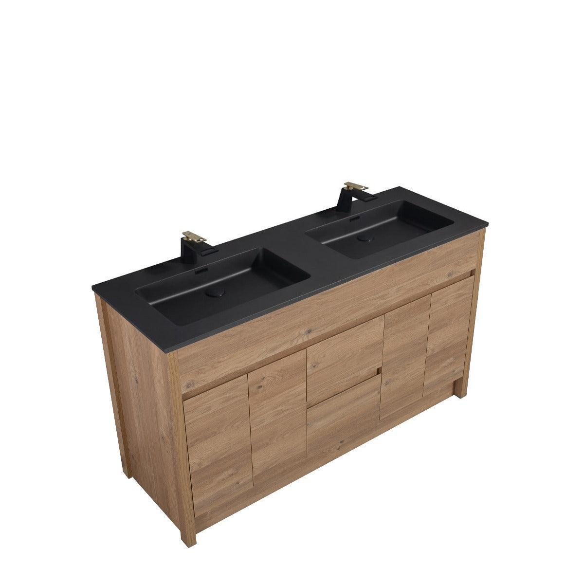 60" Rough Oak Freestanding Double Sink Bathroom Vanity with Black Engineered Quartz Countertop - Golden Elite Deco