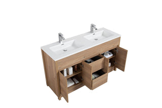 60" Rough Oak Freestanding Double Sink Bathroom Vanity with White Polymarble Countertop - Golden Elite Deco