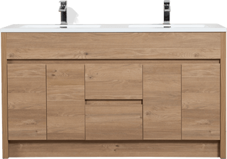 60" Rough Oak Freestanding Double Sink Bathroom Vanity with White Polymarble Countertop - Golden Elite Deco