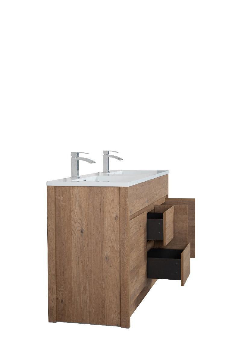 60" Rough Oak Freestanding Double Sink Bathroom Vanity with White Polymarble Countertop - Golden Elite Deco