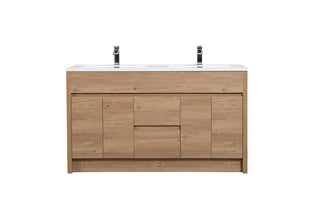 60" Rough Oak Freestanding Double Sink Bathroom Vanity with White Polymarble Countertop - Golden Elite Deco