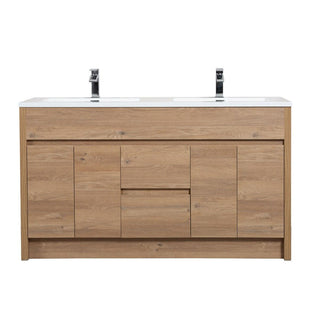 60" Rough Oak Freestanding Double Sink Bathroom Vanity with White Polymarble Countertop - Golden Elite Deco