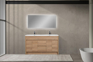 60" Rough Oak Freestanding Double Sink Bathroom Vanity with White Polymarble Countertop - Golden Elite Deco