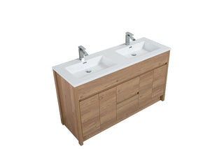 60" Rough Oak Freestanding Double Sink Bathroom Vanity with White Polymarble Countertop - Golden Elite Deco