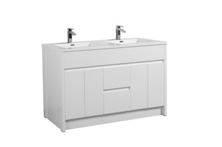 60" Matte White Freestanding Double Sink Bathroom Vanity with White Polymarble Countertop