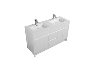 60" Matte White Freestanding Double Sink Bathroom Vanity with White Polymarble Countertop