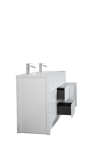 60" Matte White Freestanding Double Sink Bathroom Vanity with White Polymarble Countertop