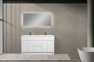 60" Matte White Freestanding Double Sink Bathroom Vanity with White Polymarble Countertop