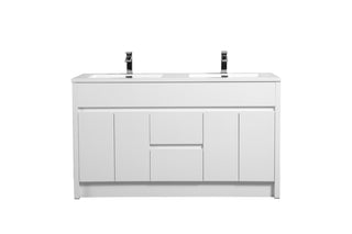 60" Matte White Freestanding Double Sink Bathroom Vanity with White Polymarble Countertop