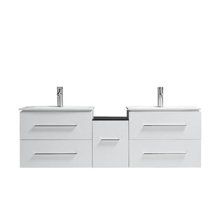 72" White Wall Mount Double Sink Bathroom Vanity with White Ceramic Countertop Jacob - Golden Elite Deco