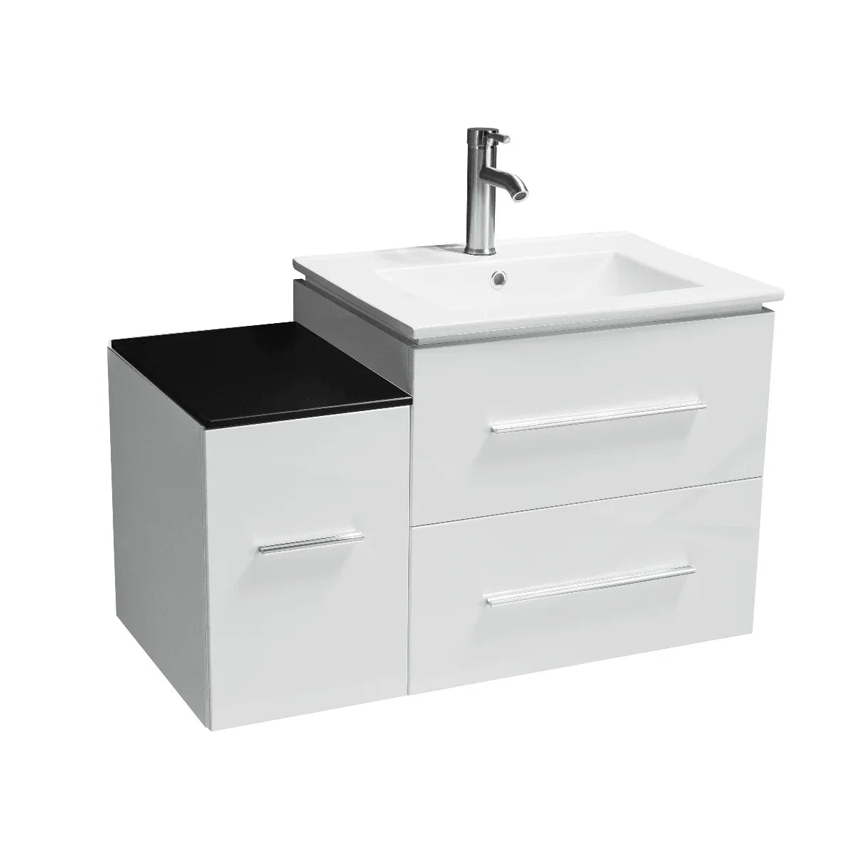 12" White Wall Mount Bathroom Vanity with Black Glass Countertop Jacob - Golden Elite Deco