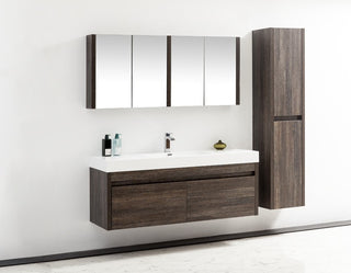60" Dark Oak Wall Mount Single Sink Bathroom Vanity with White Polymarble Countertop