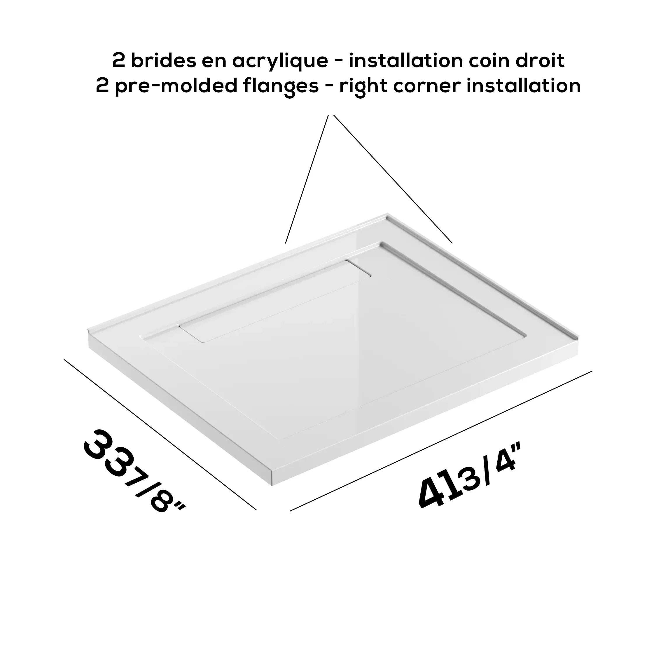 Base de douche acrylique blanche rectangulaire 42po x 34po avec drain linéaire à droite