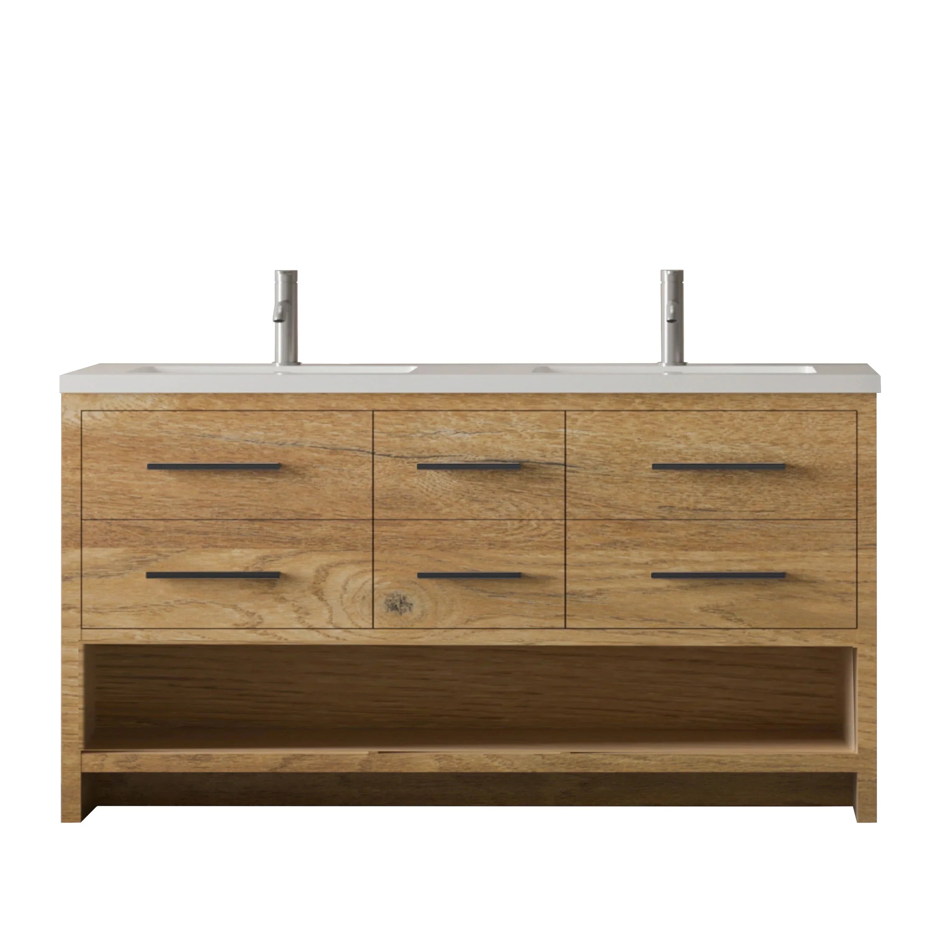 72" Rough Oak Freestanding Double Sink Bathroom Vanity with White Polymarble Countertop