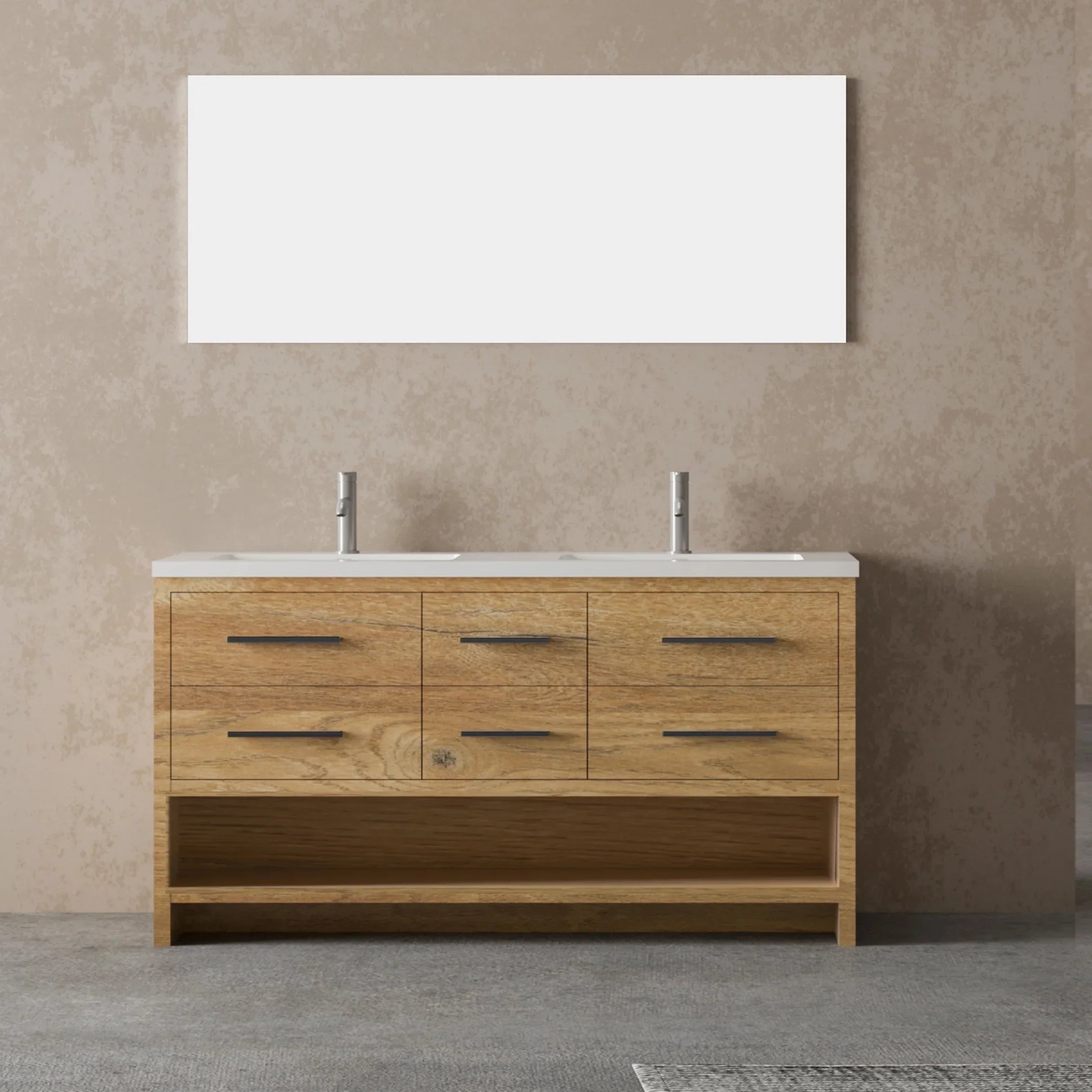 72" Rough Oak Freestanding Double Sink Bathroom Vanity with White Polymarble Countertop