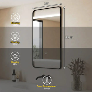 Miroir de Salle de Bain DEL 24 po x 29,4 po avec Cadre d'Aluminium Noir Mat Haut de Gamme - Miroir Intelligent Anti-Buée à Coins Arrondis avec Contrôle par Capteur Tactile et Éclairage Blanc Froid 6000K