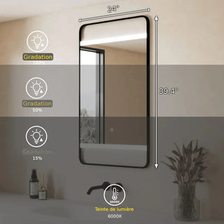 Miroir de Salle de Bain DEL 24 po x 29,4 po avec Cadre d'Aluminium Noir Mat Haut de Gamme - Miroir Intelligent Anti-Buée à Coins Arrondis avec Contrôle par Capteur Tactile et Éclairage Blanc Froid 6000K