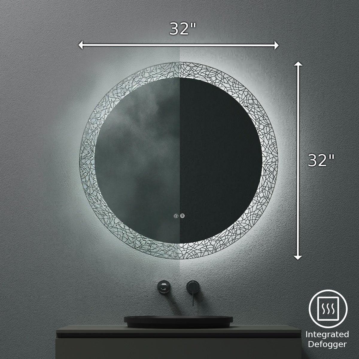 Miroir de Salle de Bain Rond DEL 32 po avec Motif Laser - Miroir Intelligent Anti-Buée avec Fonction de Gradation, Éclairage Blanc Froid 6000K et Commutateur Tactile 3 Positions pour Vanité Moderne