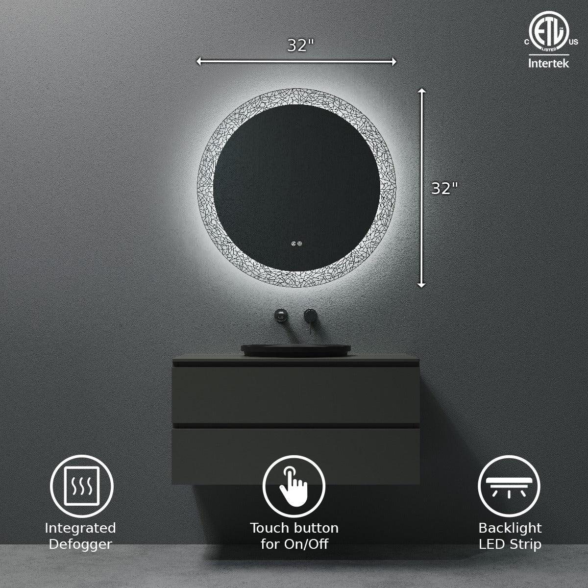 32" Round LED Bathroom Mirror with Laser Pattern Border