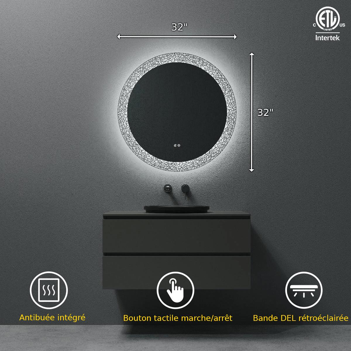 32" Round LED Bathroom Mirror with Laser Pattern Border