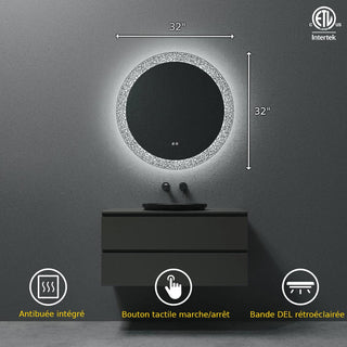 Miroir de Salle de Bain Rond DEL 32 po avec Motif Laser - Miroir Intelligent Anti-Buée avec Fonction de Gradation, Éclairage Blanc Froid 6000K et Commutateur Tactile 3 Positions pour Vanité Moderne