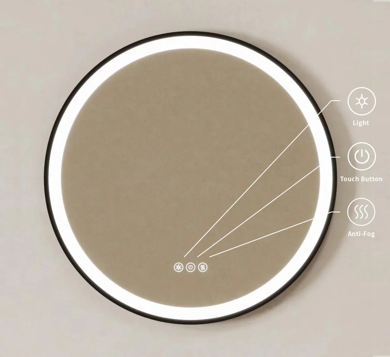 24" Round LED Mirror with Dimming & Anti-Fog Function - Golden Elite Deco