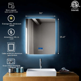 30" x 35.4" Smart LED Bathroom Mirror with Touch Screen Display - Bluetooth Mirror with Built-in Speakers, Automatic Anti-Fog Technology, Energy-Saving Lighting & Frameless Design