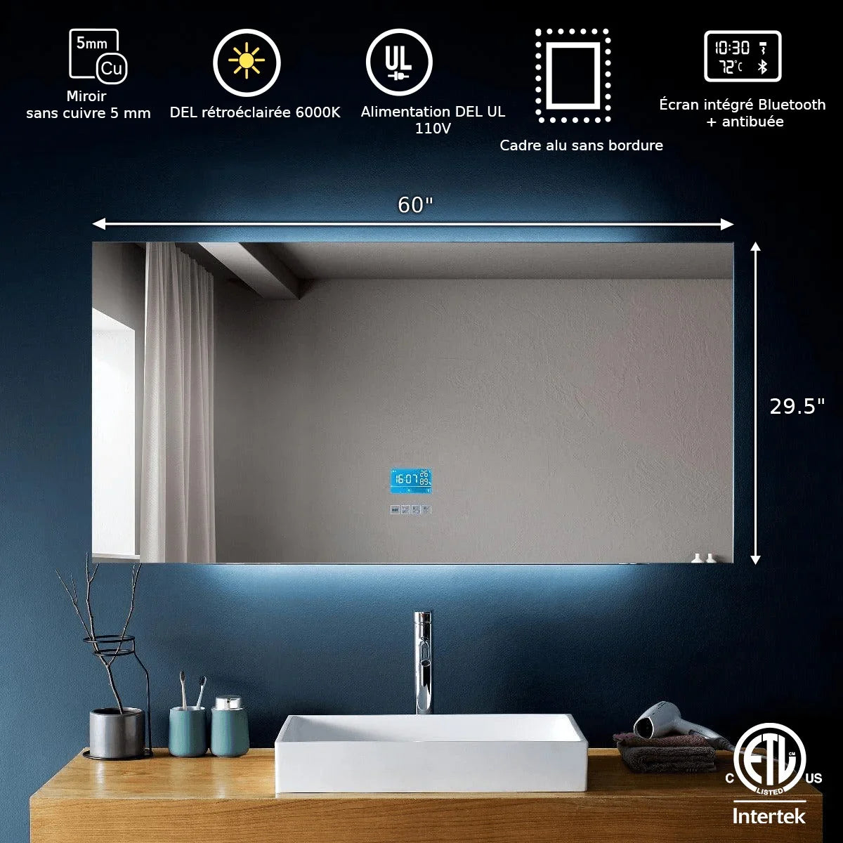 Miroir de Salle de Bain DEL Intelligent 60po x 30po avec Écran Tactile, Bluetooth et Antibuée