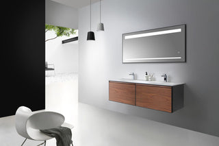 60" Walnut Wall Mount Double Sink Bathroom Vanity with Matte White Solid Surface Countertop - Golden Elite Deco