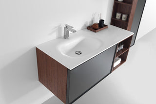 48" Walnut Wall Mount Single Sink Bathroom Vanity with Matte White Solid surface Countertop - Golden Elite Deco