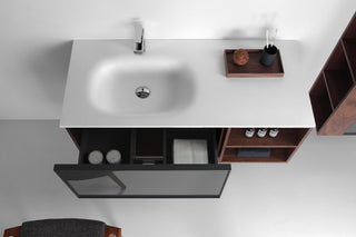 48" Walnut Wall Mount Single Sink Bathroom Vanity with Matte White Solid surface Countertop - Golden Elite Deco