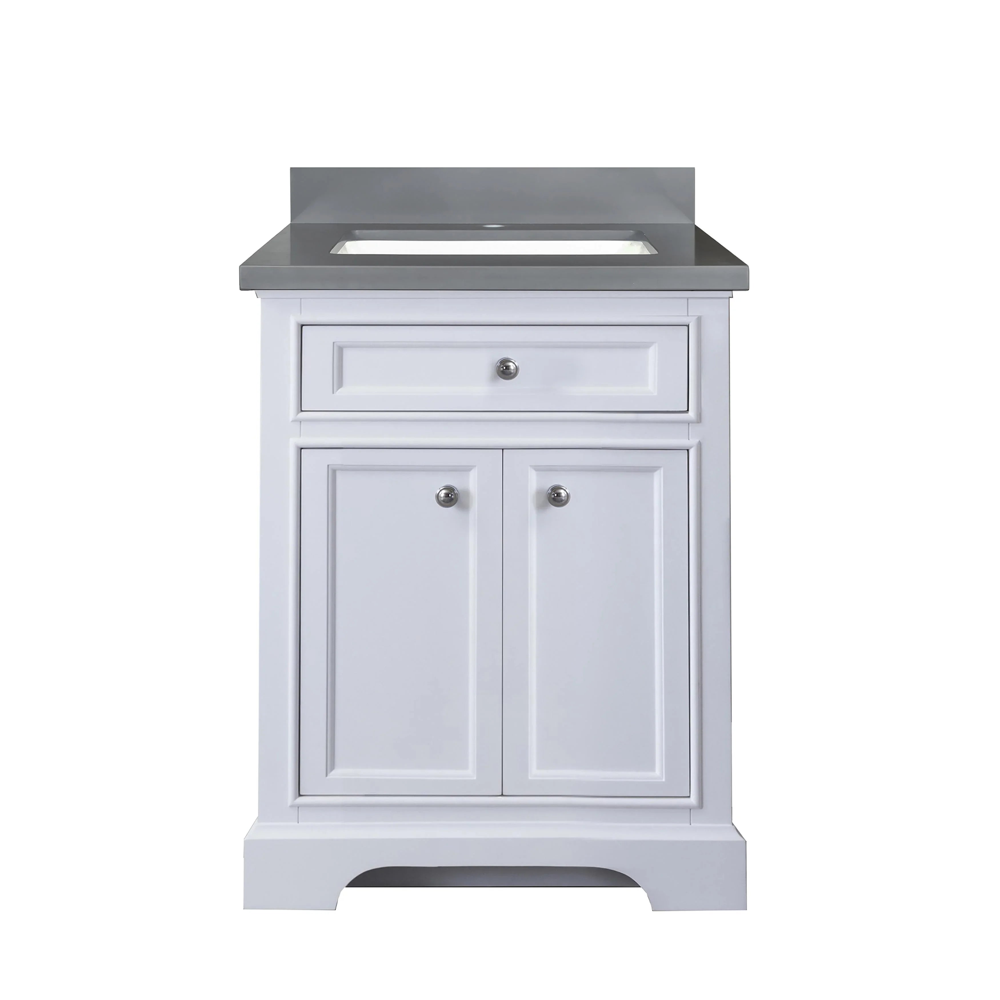 Meuble Lavabo Autoportant Blanc 24po avec Comptoir en Quartz Calypso et Lavabo Simple