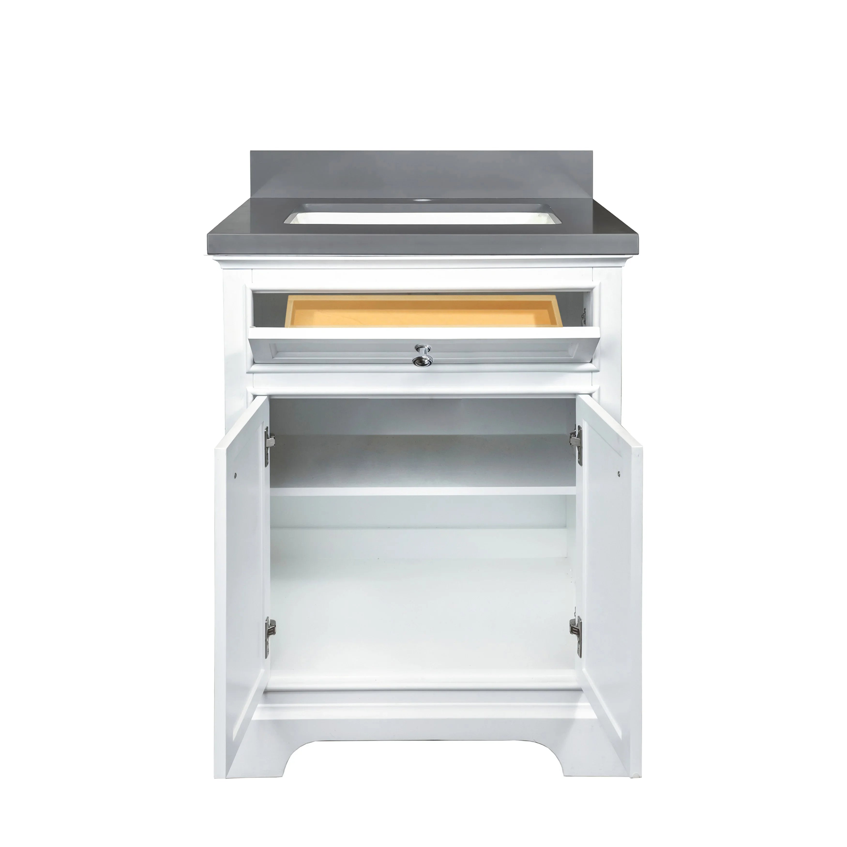 Meuble Lavabo Autoportant Blanc 24po avec Comptoir en Quartz Calypso et Lavabo Simple