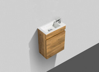 16" Natural Oak Wall Mount Bathroom Vanity with White Polymarble Countertop Mini - Mirror and Faucet included - Golden Elite Deco