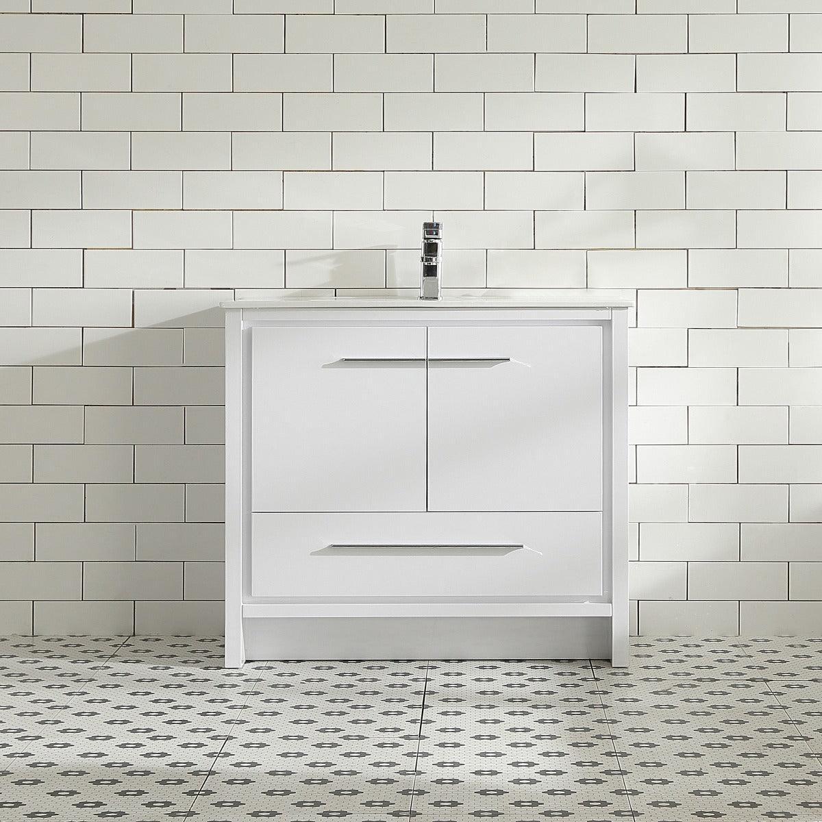 36" Glossy White Freestanding Bathroom Vanity with White Ceramic Countertop - Golden Elite Deco