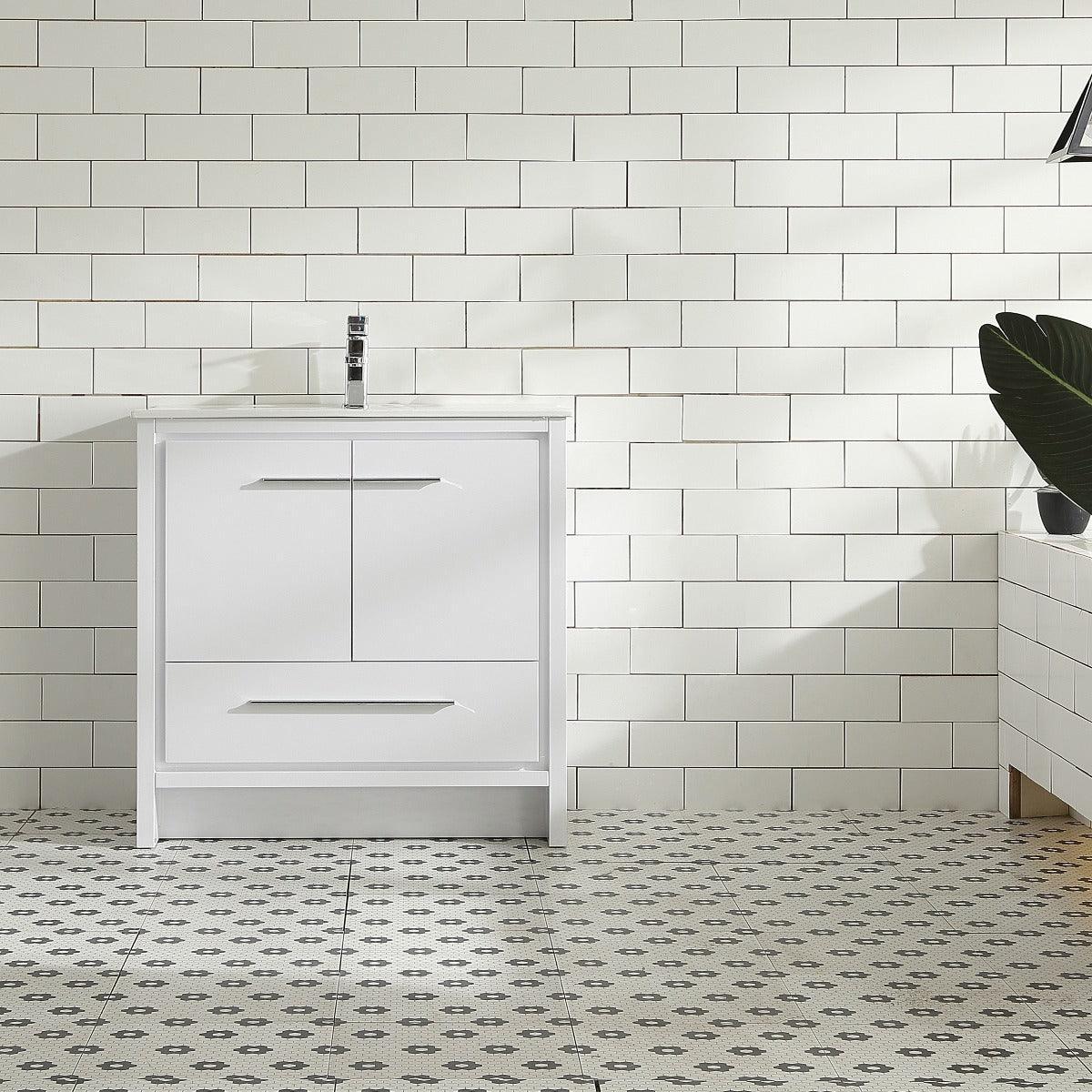 36" Glossy White Freestanding Bathroom Vanity with White Ceramic Countertop - Golden Elite Deco