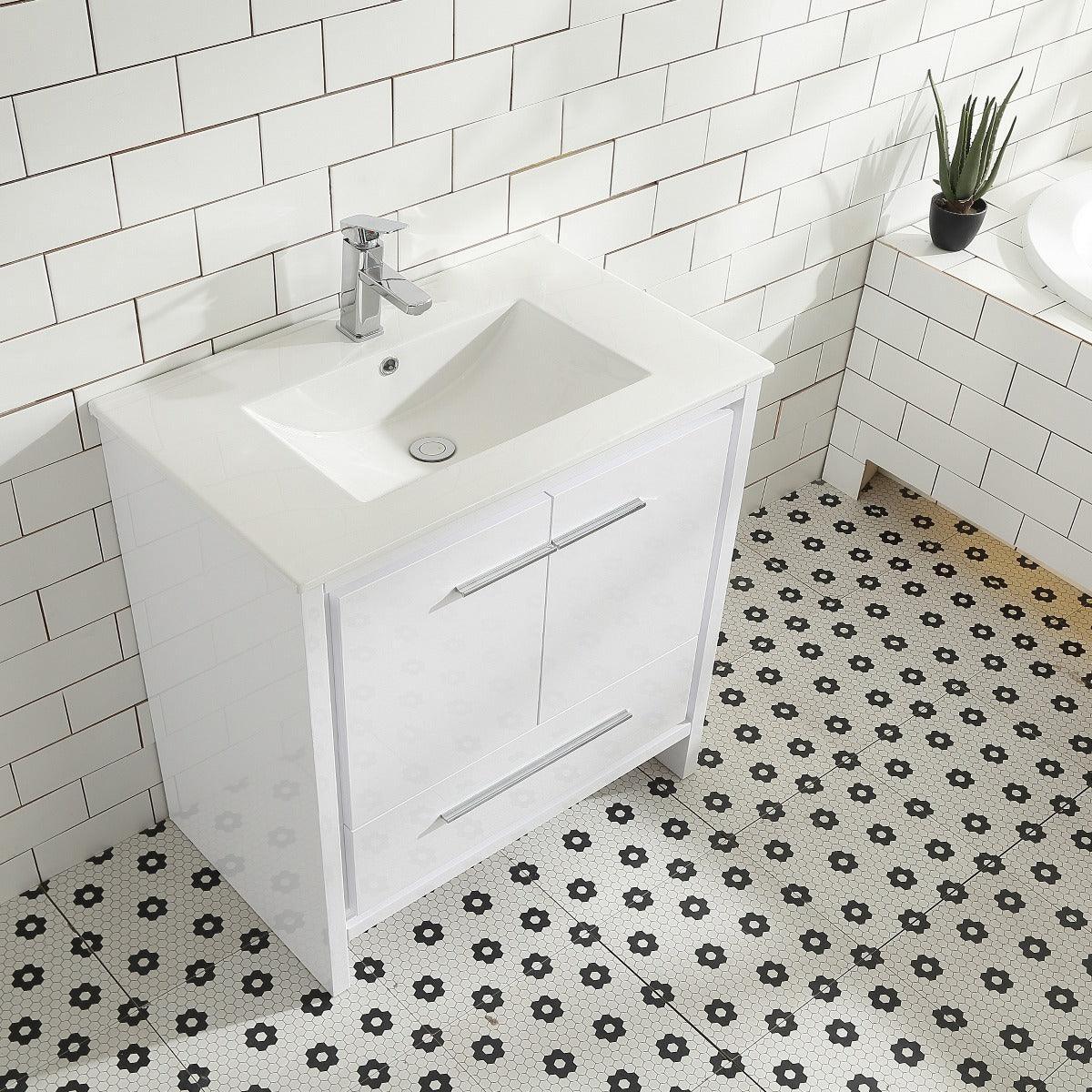 36" Glossy White Freestanding Bathroom Vanity with White Ceramic Countertop - Golden Elite Deco