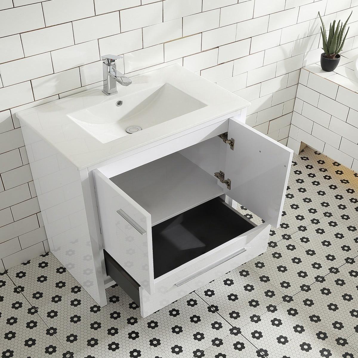 36" Glossy White Freestanding Bathroom Vanity with White Ceramic Countertop - Golden Elite Deco